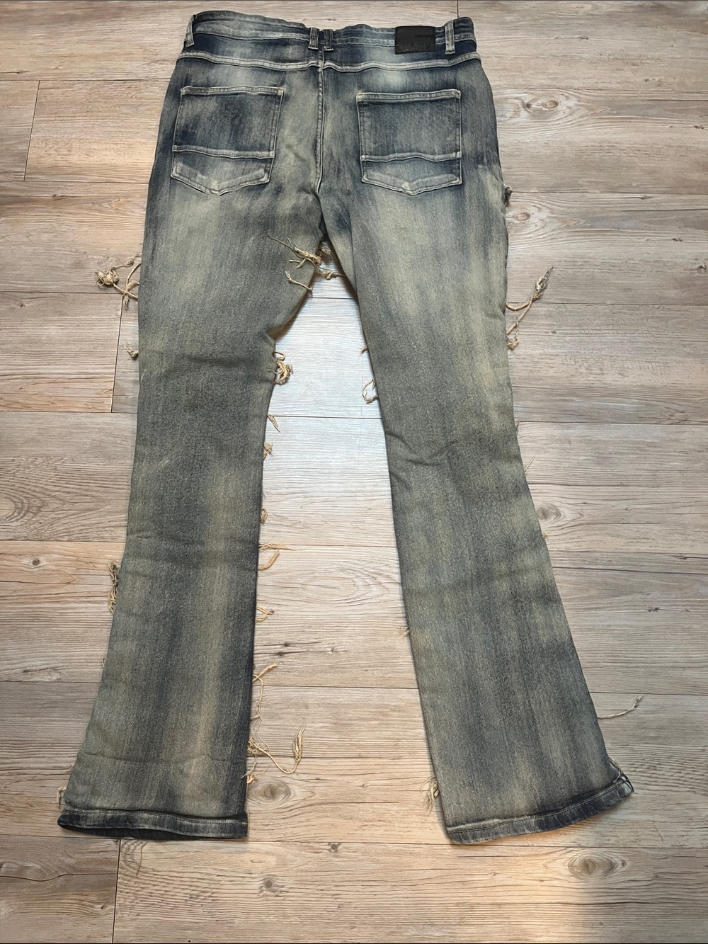 Spark Men’s Distressed Stretch Flare Fit Blue Jeans - Picture 2 of 6